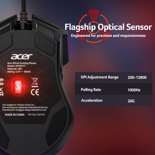 Ergonomic Computer Mouse with Optical Sensor, 8 Programmable Buttons, 12 Backlit Modes, Software for DIY Keybinds, Rapid Fire, USB Gaming Mice for Laptop, PC