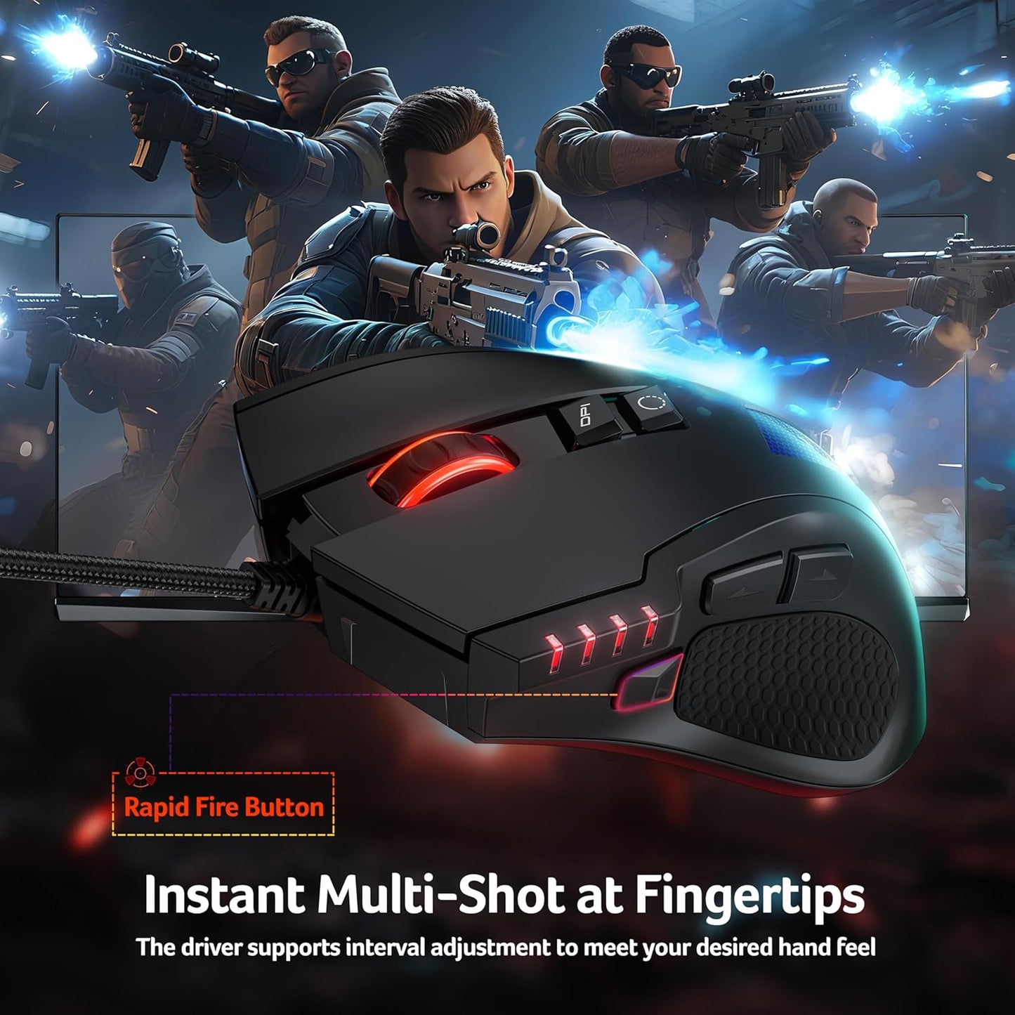 Ergonomic Computer Mouse with Optical Sensor, 8 Programmable Buttons, 12 Backlit Modes, Software for DIY Keybinds, Rapid Fire, USB Gaming Mice for Laptop, PC