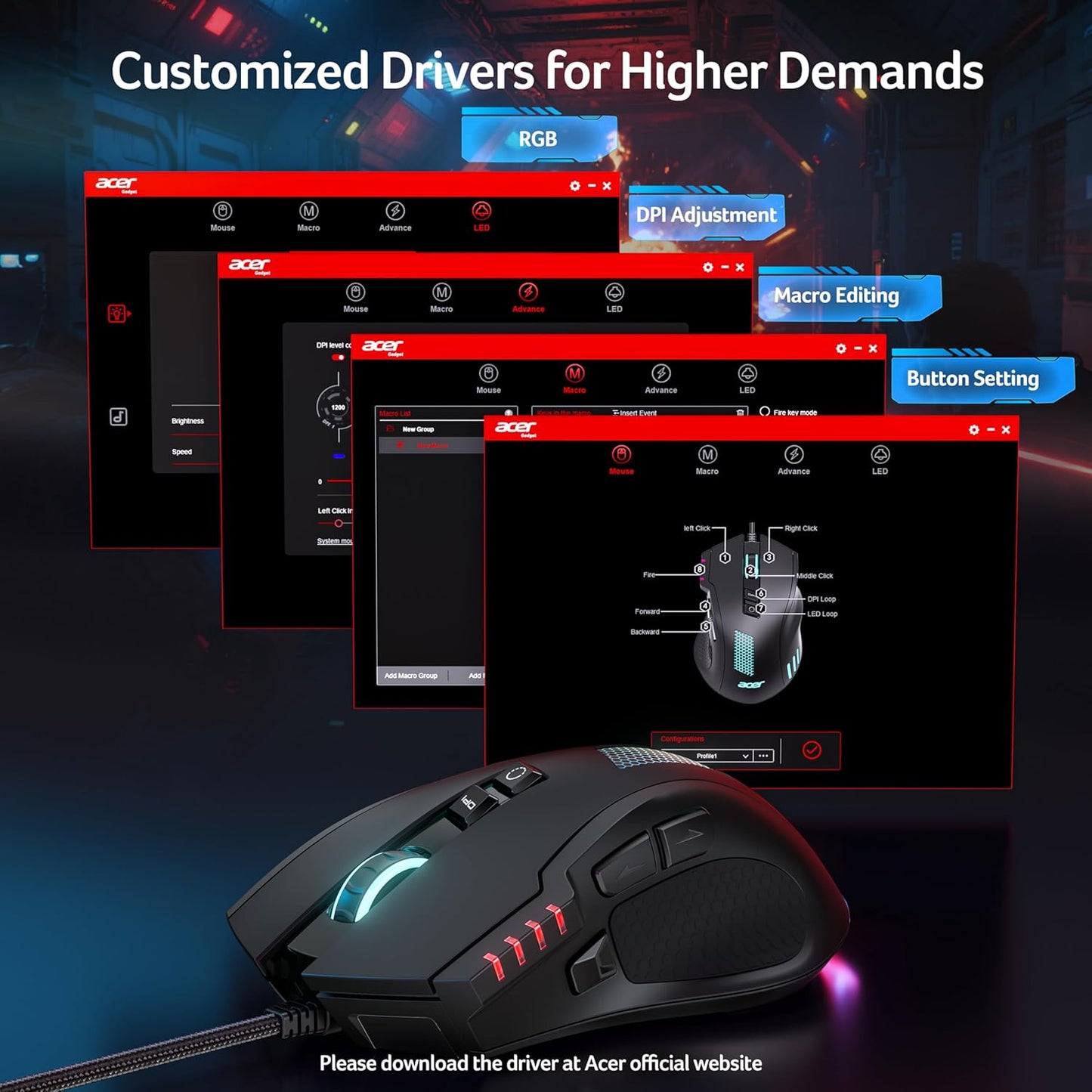 Ergonomic Computer Mouse with Optical Sensor, 8 Programmable Buttons, 12 Backlit Modes, Software for DIY Keybinds, Rapid Fire, USB Gaming Mice for Laptop, PC