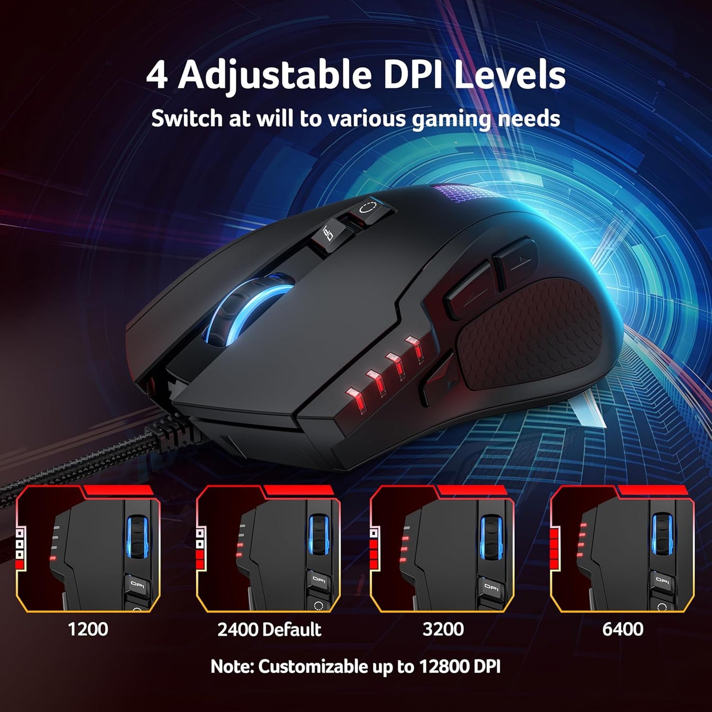 Ergonomic Computer Mouse with Optical Sensor, 8 Programmable Buttons, 12 Backlit Modes, Software for DIY Keybinds, Rapid Fire, USB Gaming Mice for Laptop, PC