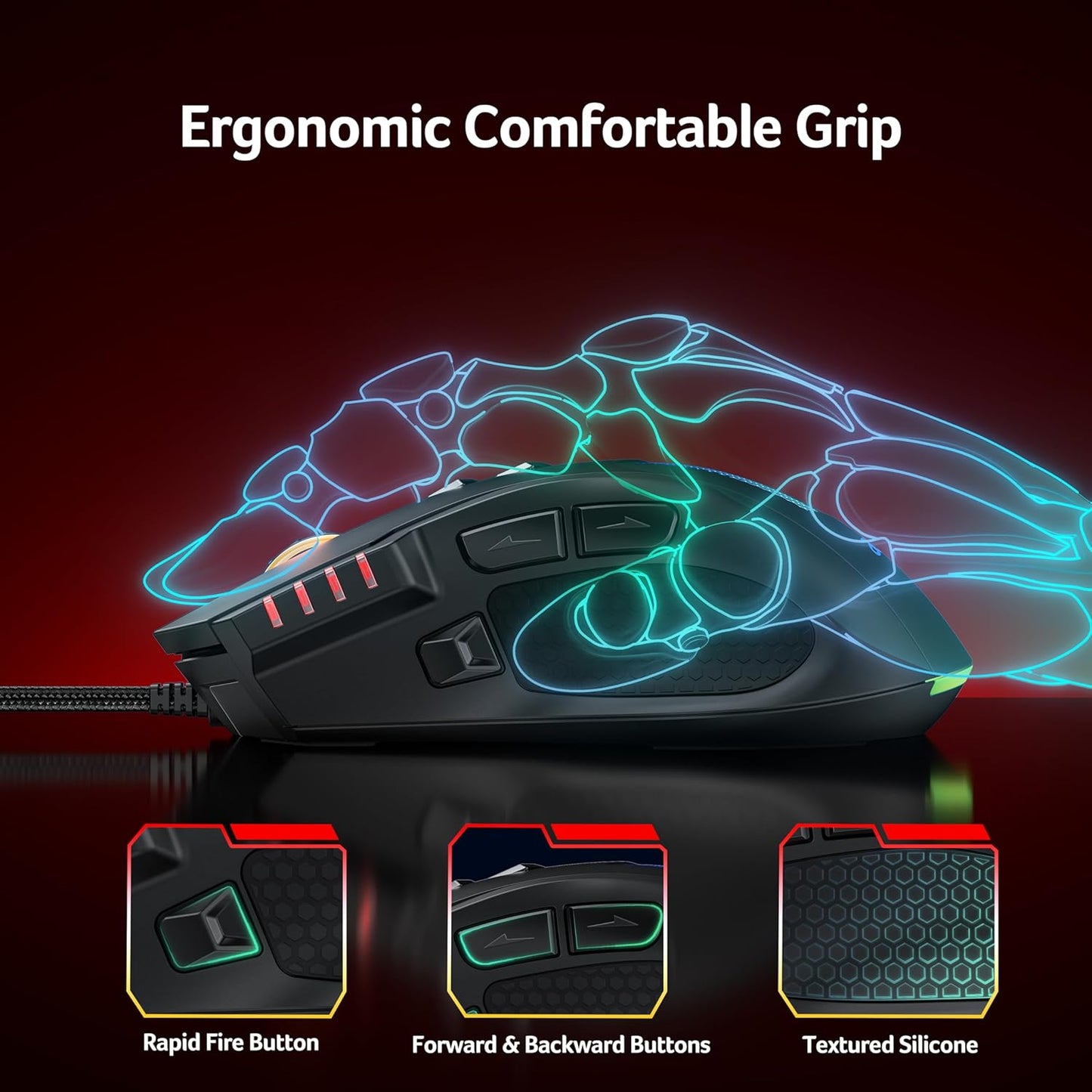 Ergonomic Computer Mouse with Optical Sensor, 8 Programmable Buttons, 12 Backlit Modes, Software for DIY Keybinds, Rapid Fire, USB Gaming Mice for Laptop, PC