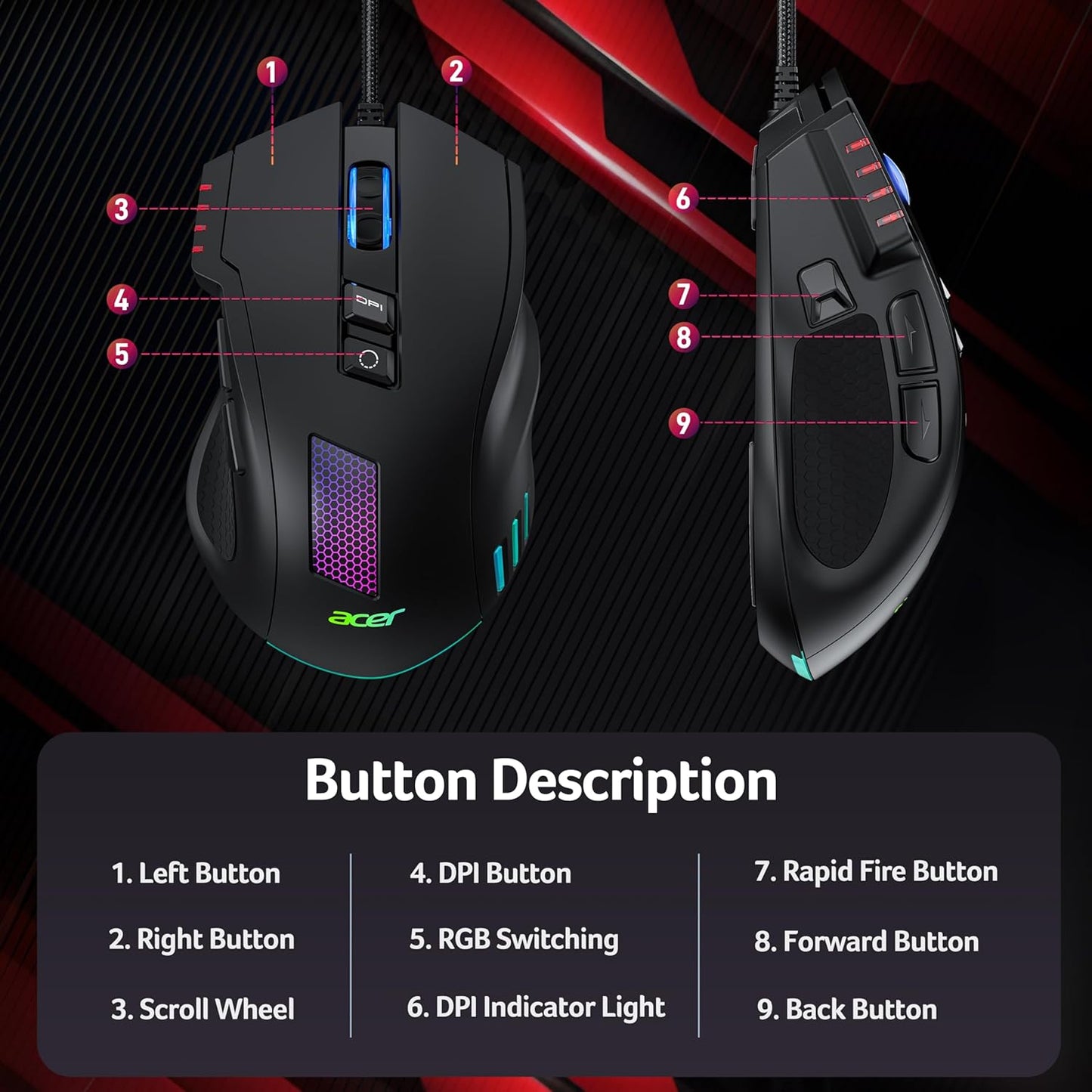Ergonomic Computer Mouse with Optical Sensor, 8 Programmable Buttons, 12 Backlit Modes, Software for DIY Keybinds, Rapid Fire, USB Gaming Mice for Laptop, PC