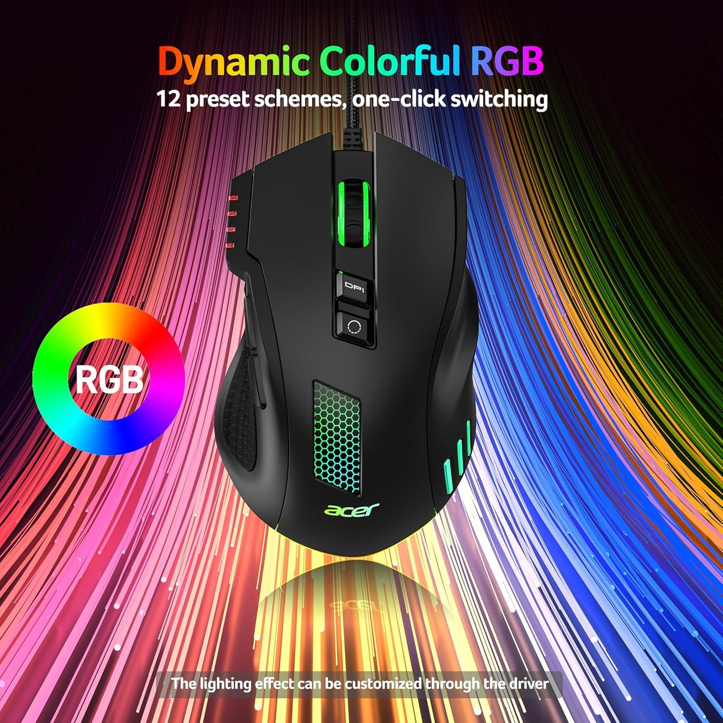 Ergonomic Computer Mouse with Optical Sensor, 8 Programmable Buttons, 12 Backlit Modes, Software for DIY Keybinds, Rapid Fire, USB Gaming Mice for Laptop, PC